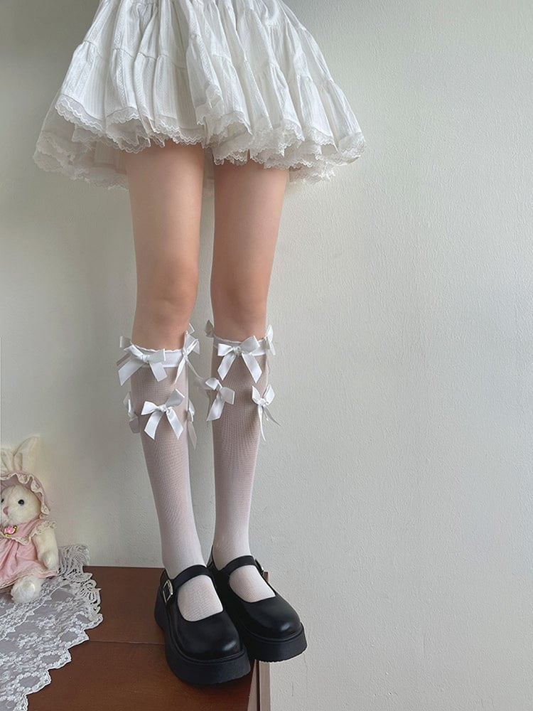 Stockings Underknee Details Bowknot Semi-sheer White/Black