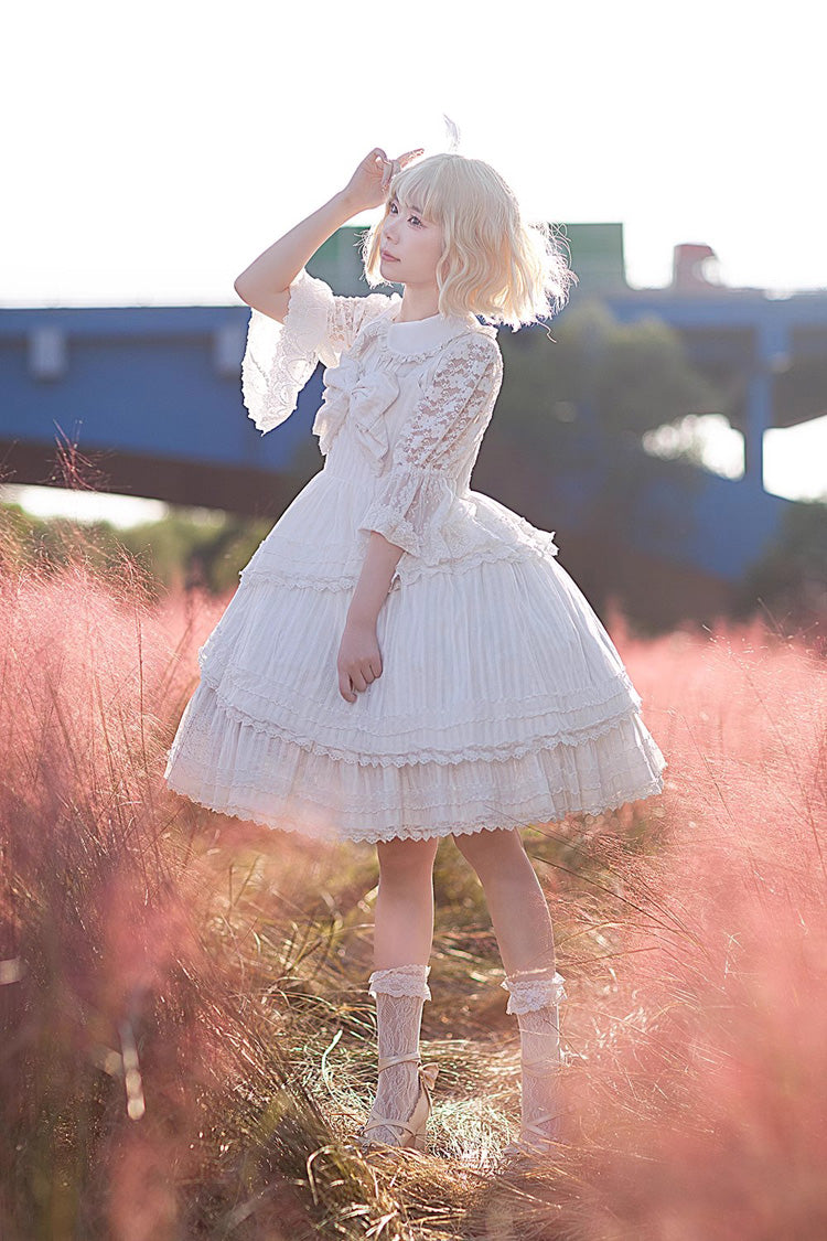 White Sweet Lolita Dress with Tower of Dawn Bowknot and Ruffled Sleeveless