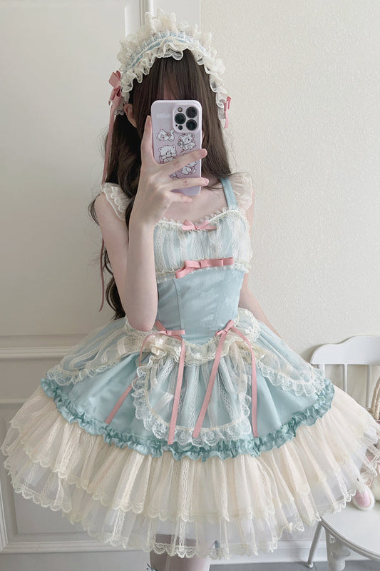 Flower Season Bow-Trim Lace Ballet Lolita Jumper Skirt in Four Colors