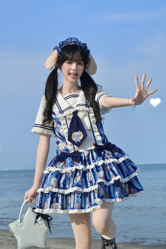 Blue Glory of the Dog Navy Collar Short Sleeves Low Waisted Triple-Layered Printed Ruffled Bow Sweet Dress