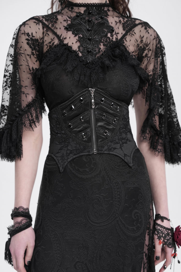 Underbust Corset with Batwing Beaded Lace-Up & Zip Closure