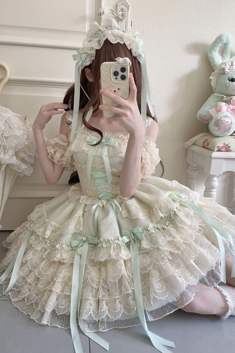 Emerald Sleeveless Layered Ruffle Bow Lace Corset Ballet Jumper Dress - Ribbon Heart Love
