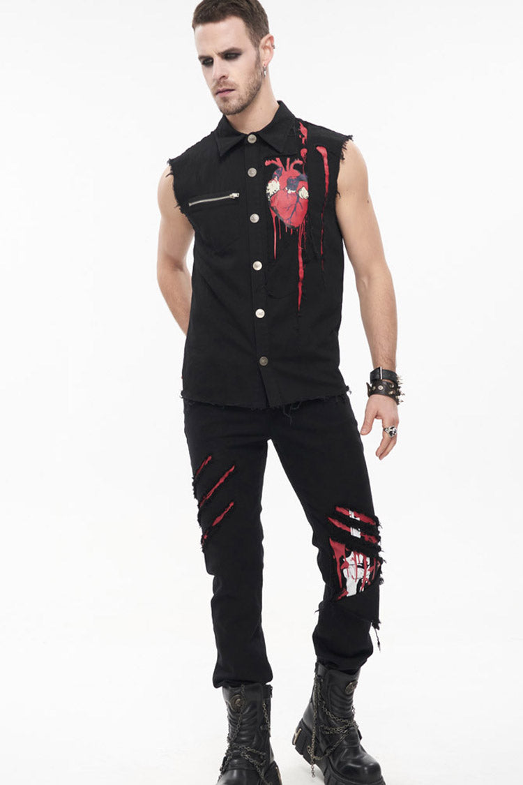 Ripped Leg-Bone Print Punk Trousers in Twill