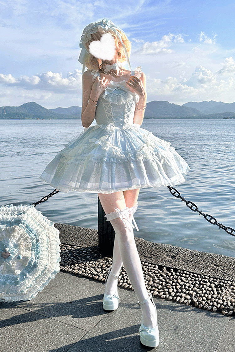Cerulean Sleeveless Ruffle Bow Lace Corset Sweet Jumper Dress - Candy House