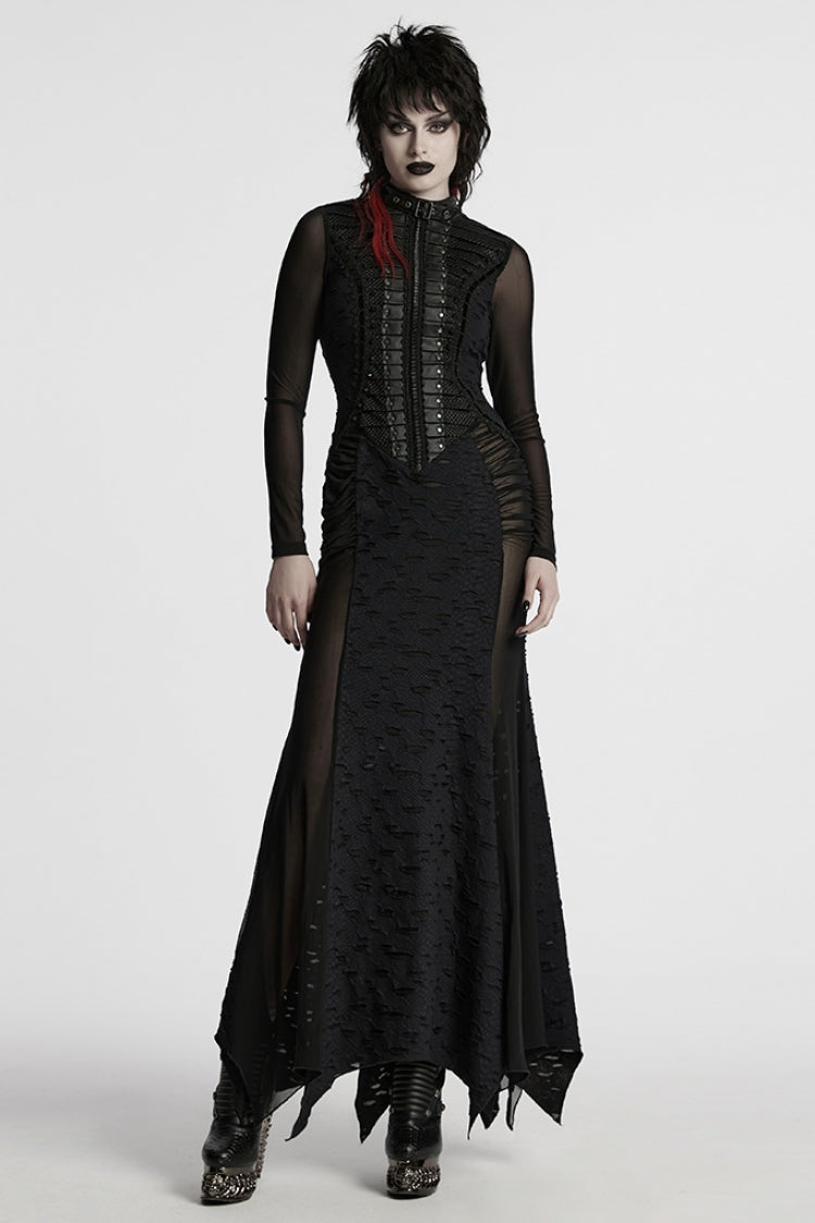 Jet Stand Collar Long Sleeves Stitching Mesh Ripped Punk Fishtail Dress