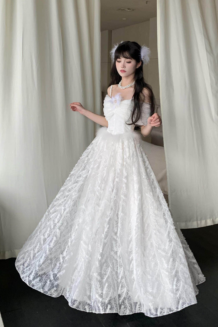 White Off Shoulder Jacquard Embroidered Bow Gothic Lolita Jsk Dress - Moonlight