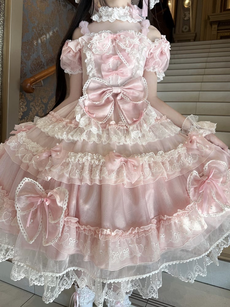 Sweet Pink Bow Accents and Bead Details Princess Lolita Dress with Big Bow at Back MK Kawaii Store Sweet Pink Bow Accents and Bead Details Princess Lolita Dress with Big Bow at Back MK Kawaii Store