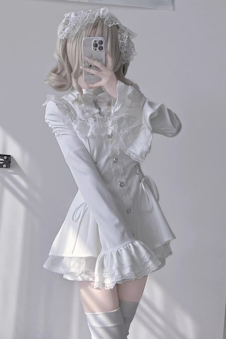 Ivory Flared Sleeves Bow Accent Lace-Up Dark Jirai Kei Set