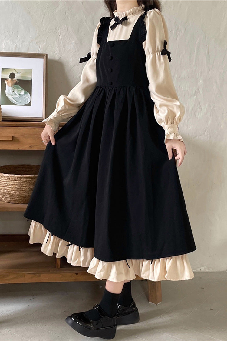 Noir/Apricot Puff Sleeve Bow Ruffle Sweet Dress - Japanese Style