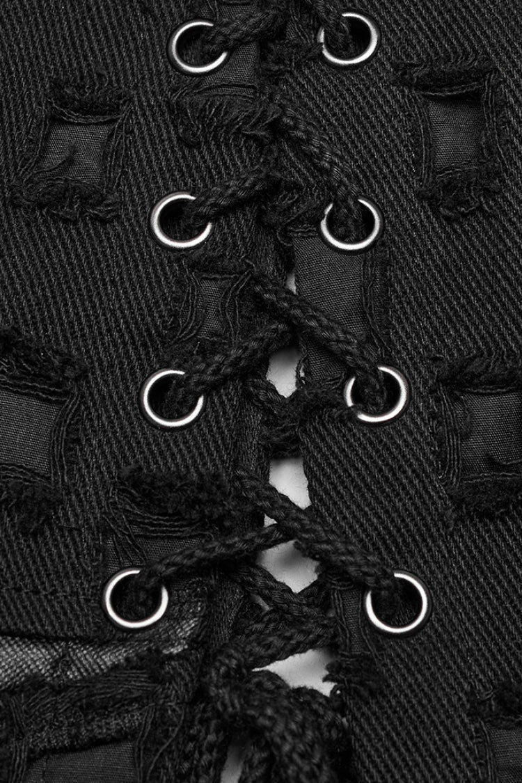 Steampunk Skirt with Cross-Taped Stitching, Lace-Up & Ripped Cutout Details