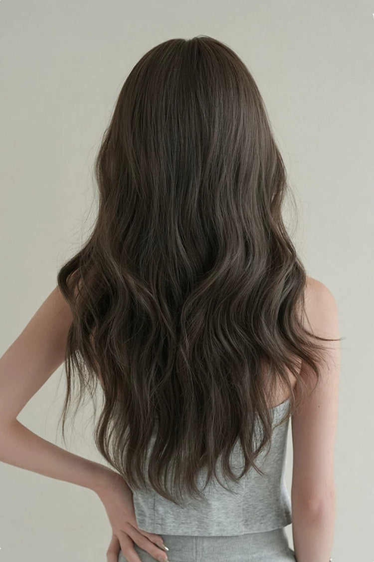 Fluffy Chestnut Brown Wavy Wig with Face-Framing Curtain Bangs