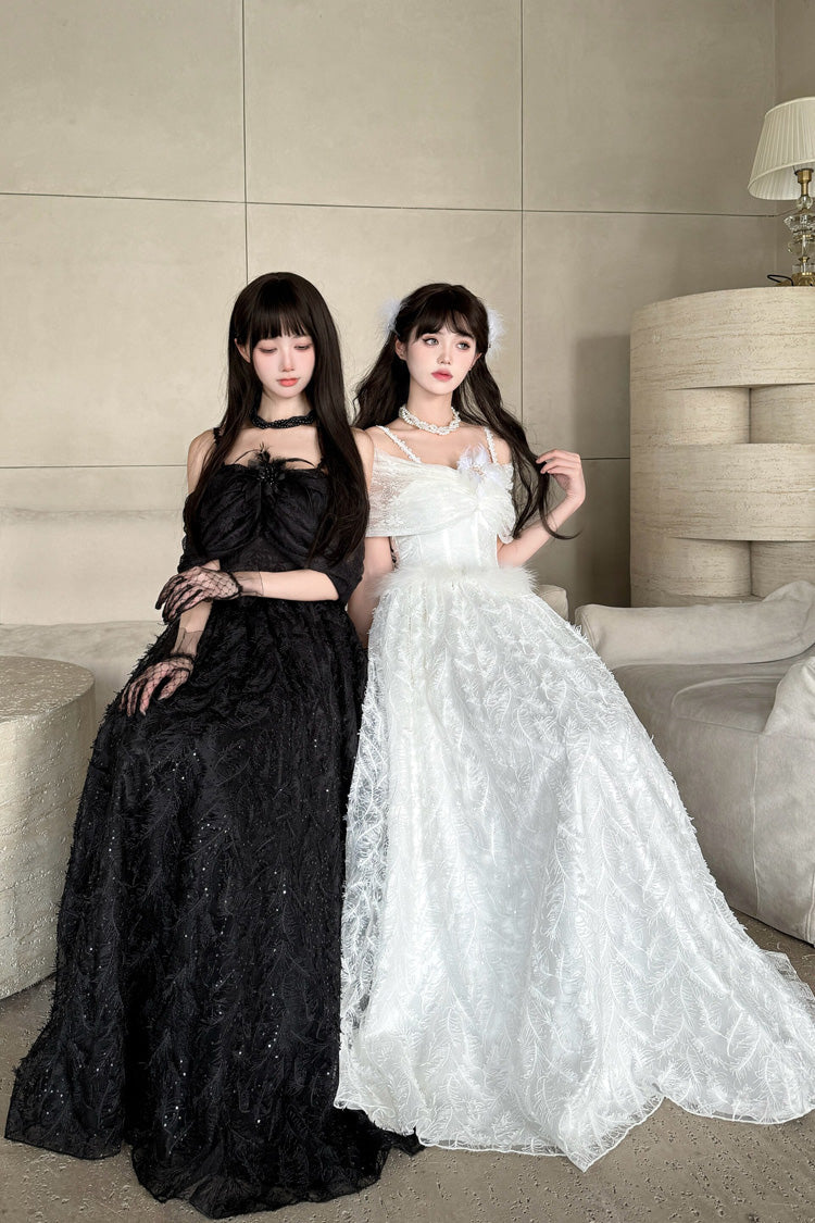 Off-Shoulder Jacquard Dress with Bow and Gothic Style