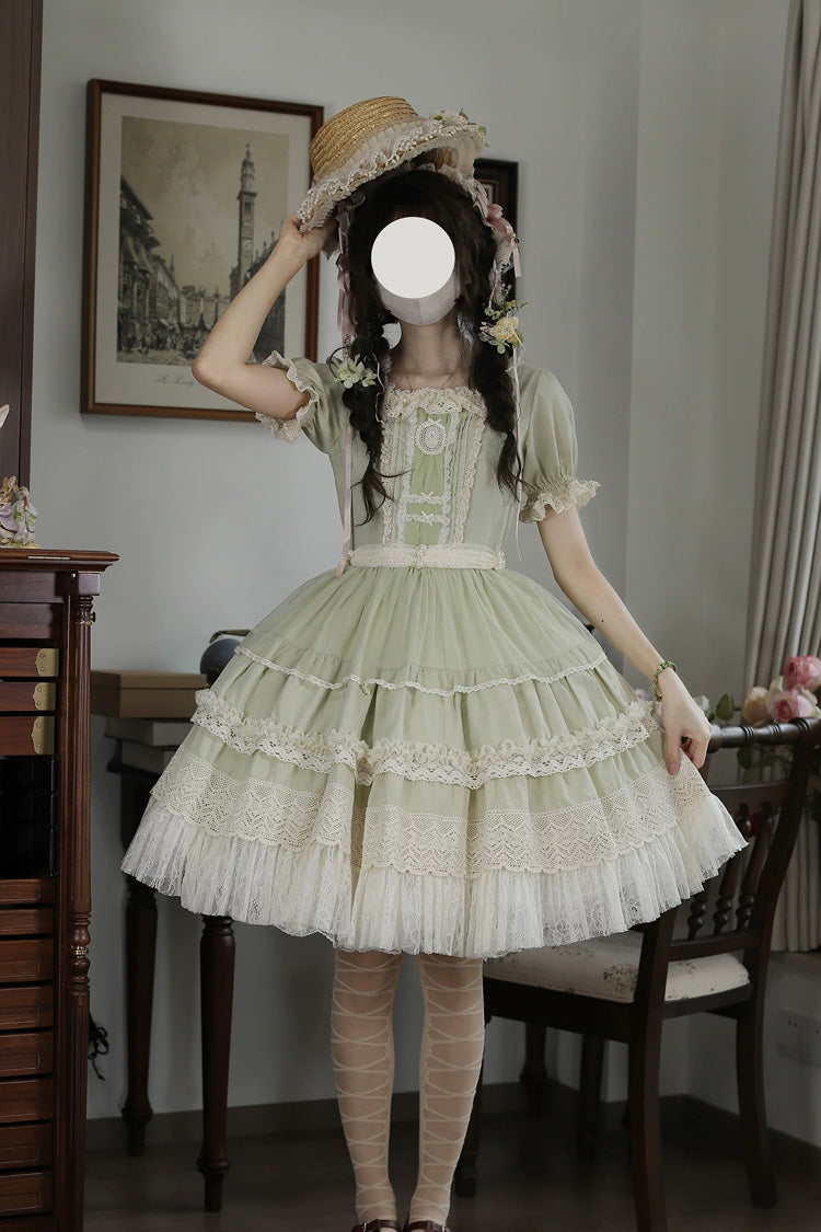 Vintage Ball Square Collar Lace Pearl Sweet Dress in Muscat Green