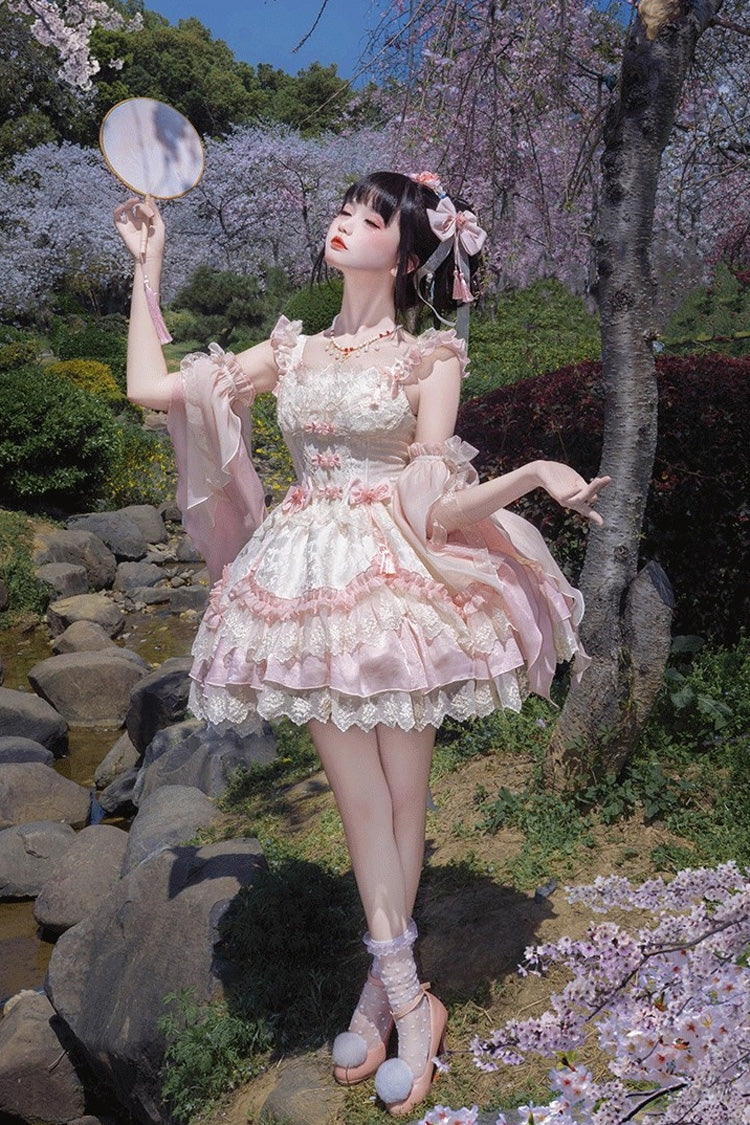 Blush Ruffle Embroidered Bow Chinese Style Elegant Sweet Jumper Dress - Lyrics in the Midst of Flowers