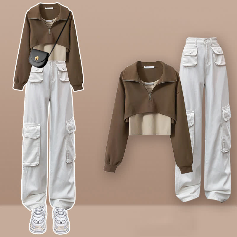 Zipper Lapel T-Shirt Vest Pockets Cargo Pants Set