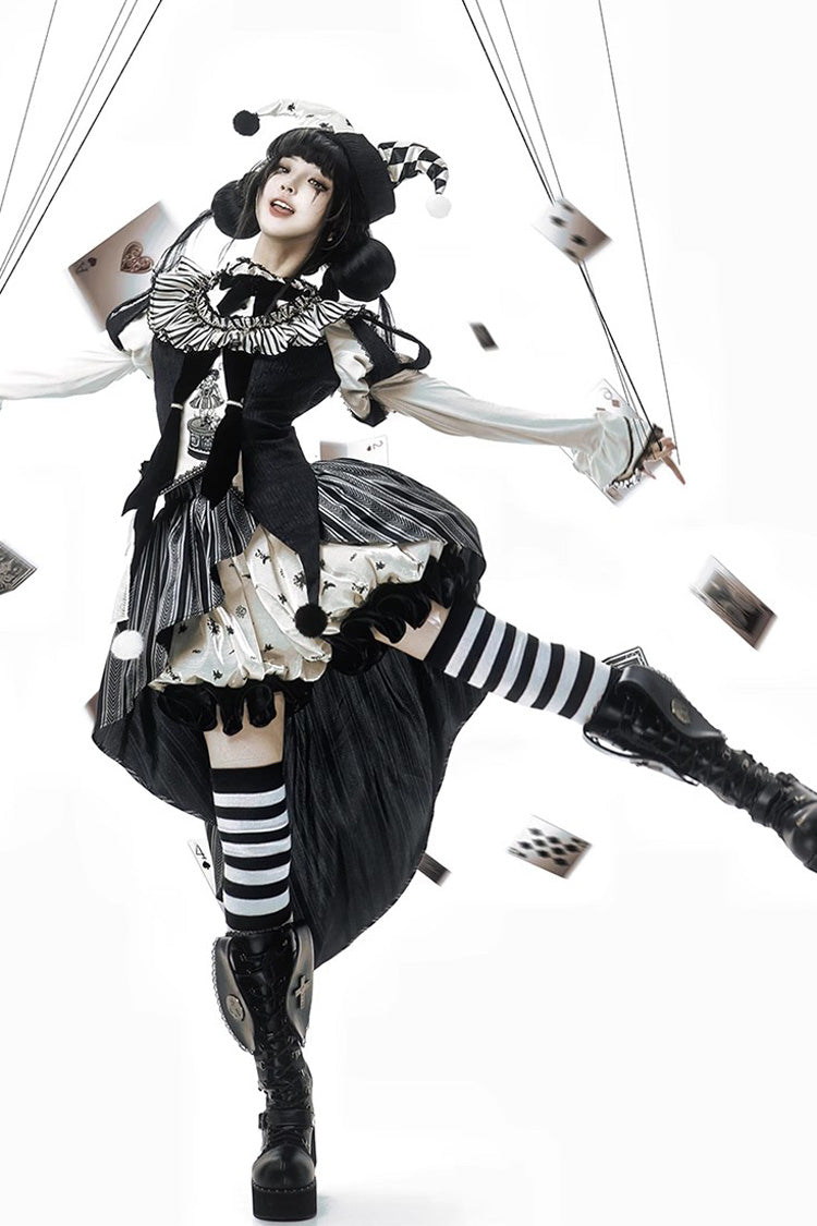 Noir Clown Print Ruffle Embroidered Asymmetric Ouji Full Set - Weird Toy Box