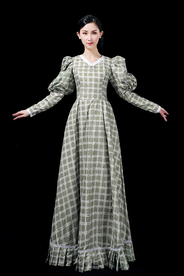 Dark Green Plaid High Waisted Victorian Gown - Ruffled Long Sleeves