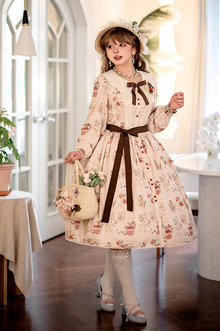 Lantern Sleeve OP Dress with Floral Print - Sweet Lolita