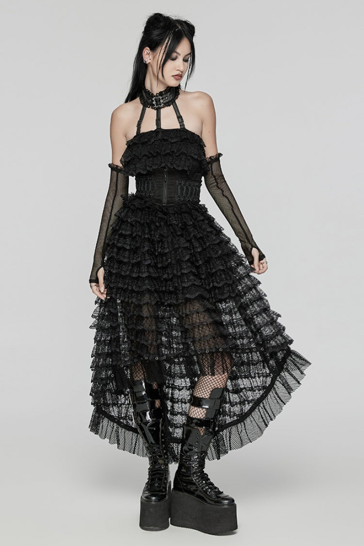 Ebony Halterneck Long Sleeves Ruffle Lace Punk Dress