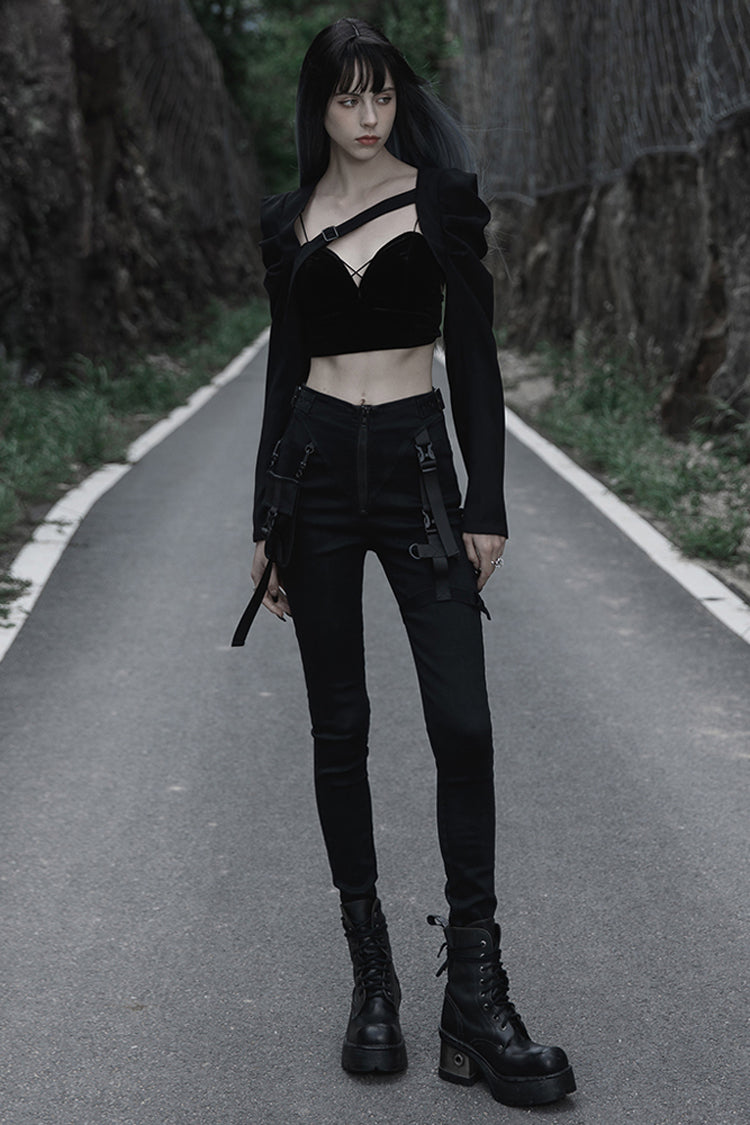 Punk Functional Tooling Pocket Belt V-Split Zipper Women's Trousers