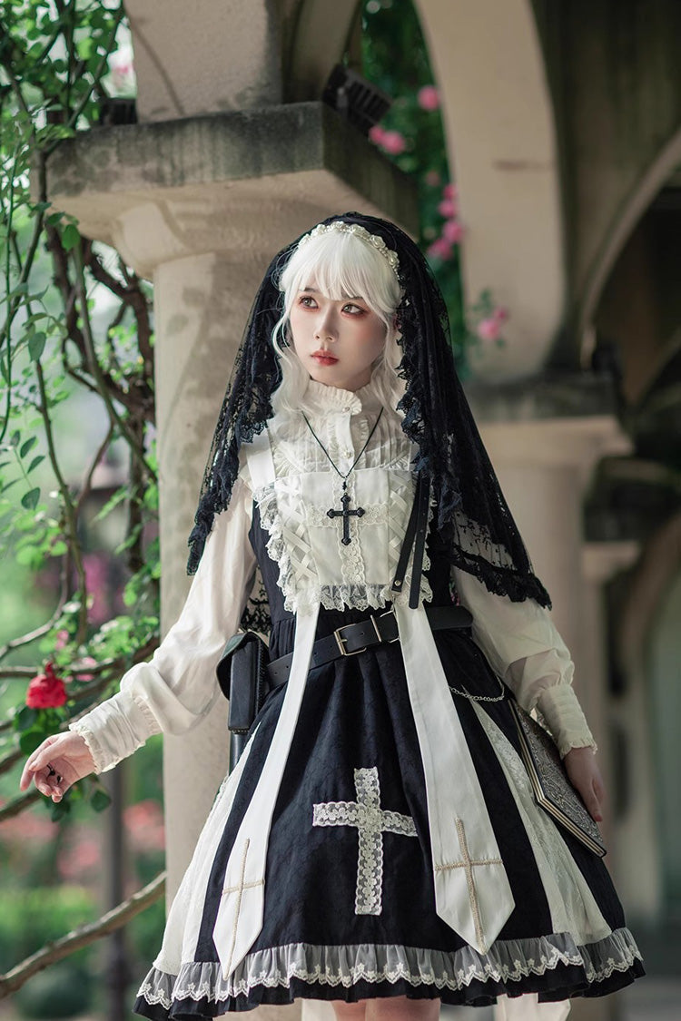 Black Gothic Lolita Dress with Cross Print and Ruffled Sleeveless