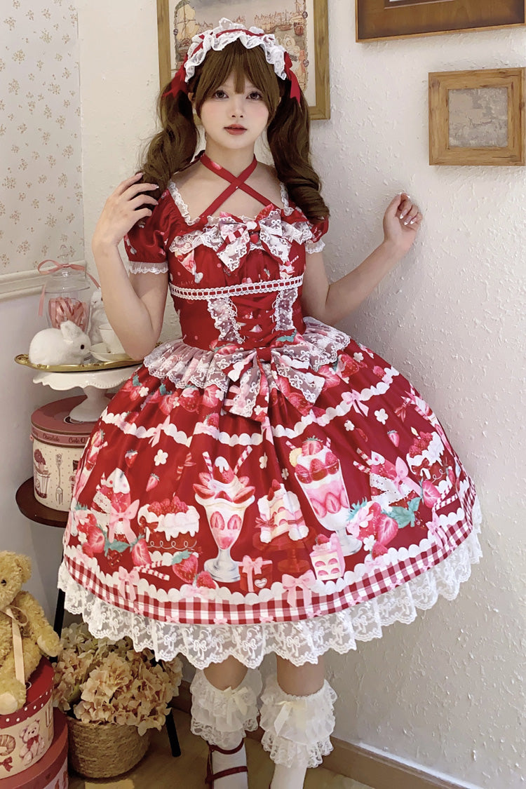 Crimson Strawberry Parfait Pattern Short Sleeve Bow Lace Corset Sweet Lolita Gown