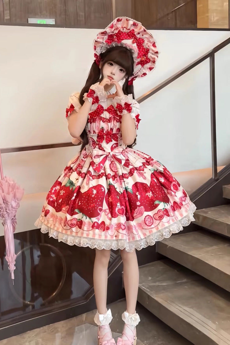 Dream to Strawberry Printed Ruffle Bow Lace Sweet Lolita JSK Dress in Four Shades