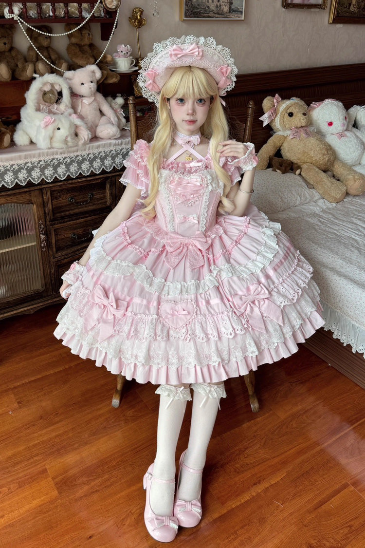 Blush Triple-Tier Ruffle Bow Elegant Lolita JSK - Super Cute Belia