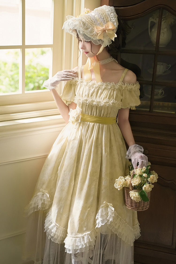Golden Square Collar Short Sleeve Printed Ruffle Lace Sweet Elegant Long Gown - Falling Flowers as a Message