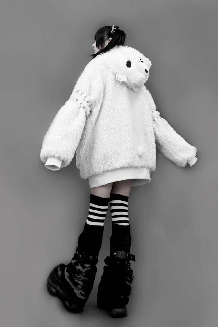 White Long Sleeve Bear Ear Hooded Zippered Gothic Jirai Kei Coat