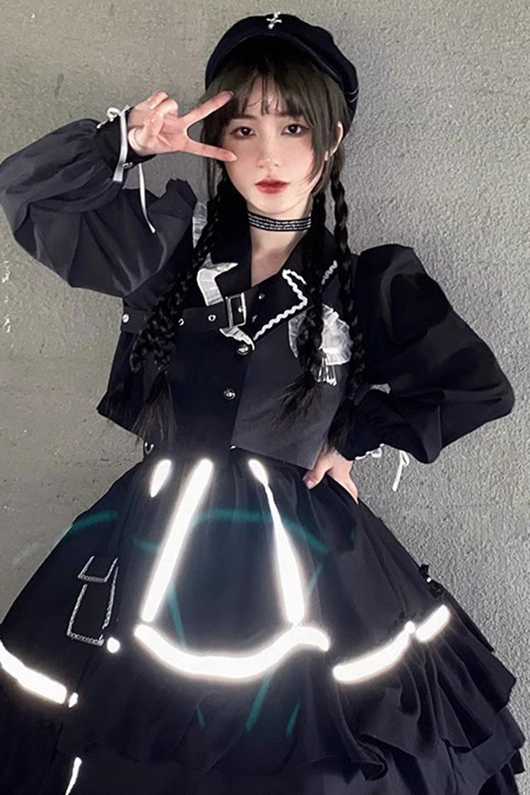 Black Reflective Strip Ruffled Pleated Gothic Set