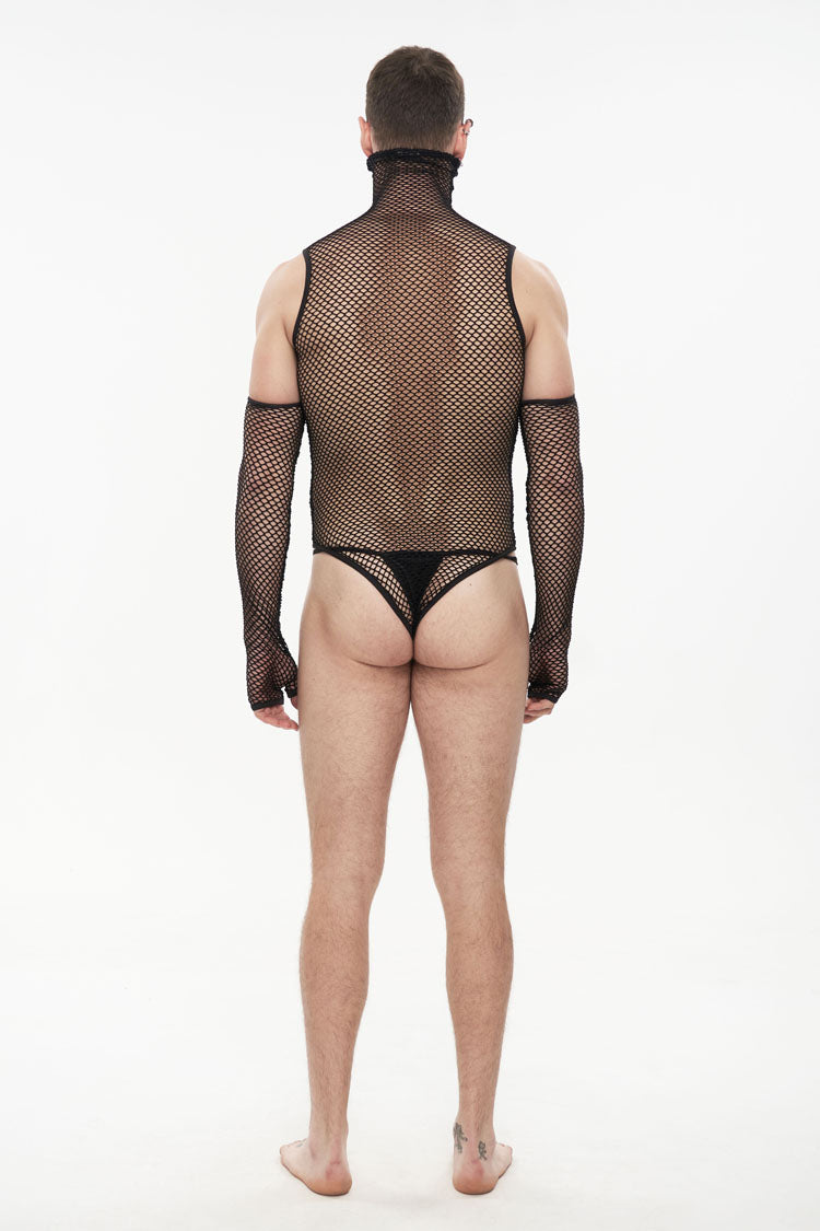 Sheer Mesh High-Collar Punk Onesie with Masked Gloves for Men