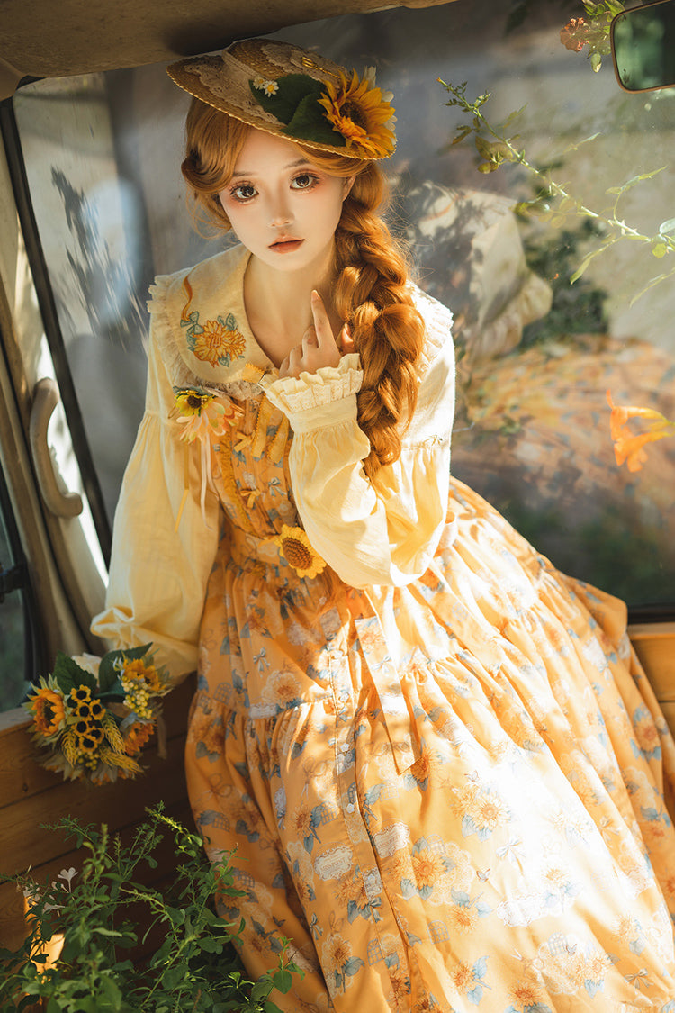 Yellow Sunflower Sleeveless Floral Bow Elegant Jsk Dress