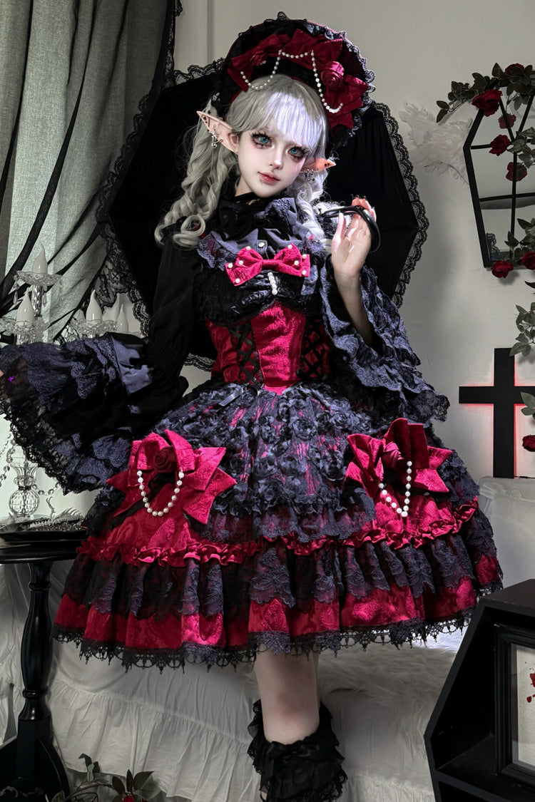 Crimson Ebony Sleeveless Ruffle Bow Lace Corset Gothic Ballet Jumper Dress - Rose Princess
