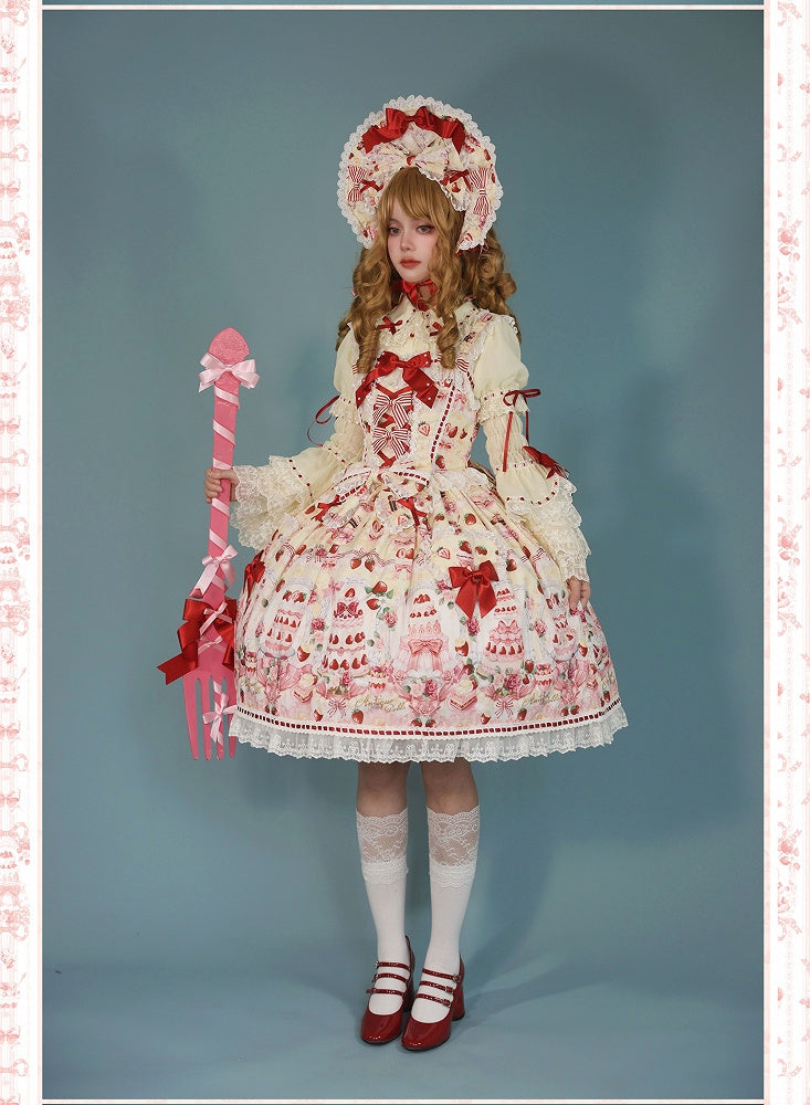 Yellow Strawberry Bow Print Accents Lolita / JSK Desserts Sweet and Set Full
