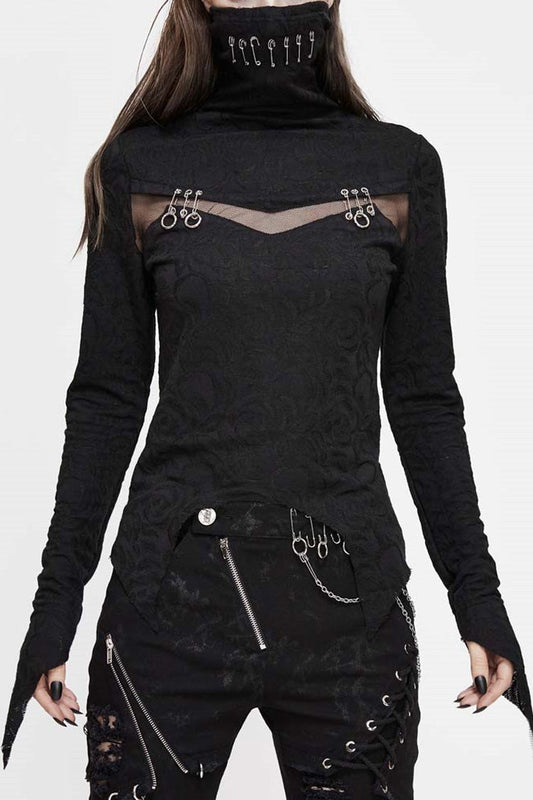 Punk Shirt with Mesh Chest Splice and Pin Decor
