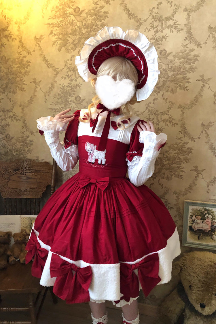Crimson Shepherd Girl's Poem Doll Neck Short Sleeve Ruffled Bow Sweet Lolita Gown
