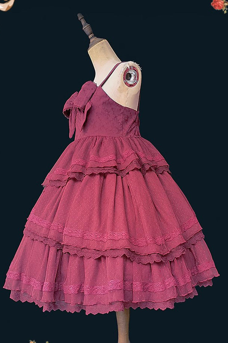 Wine Sweet Lolita Dress with Tower of Dawn Bowknot and Ruffled Sleeveless