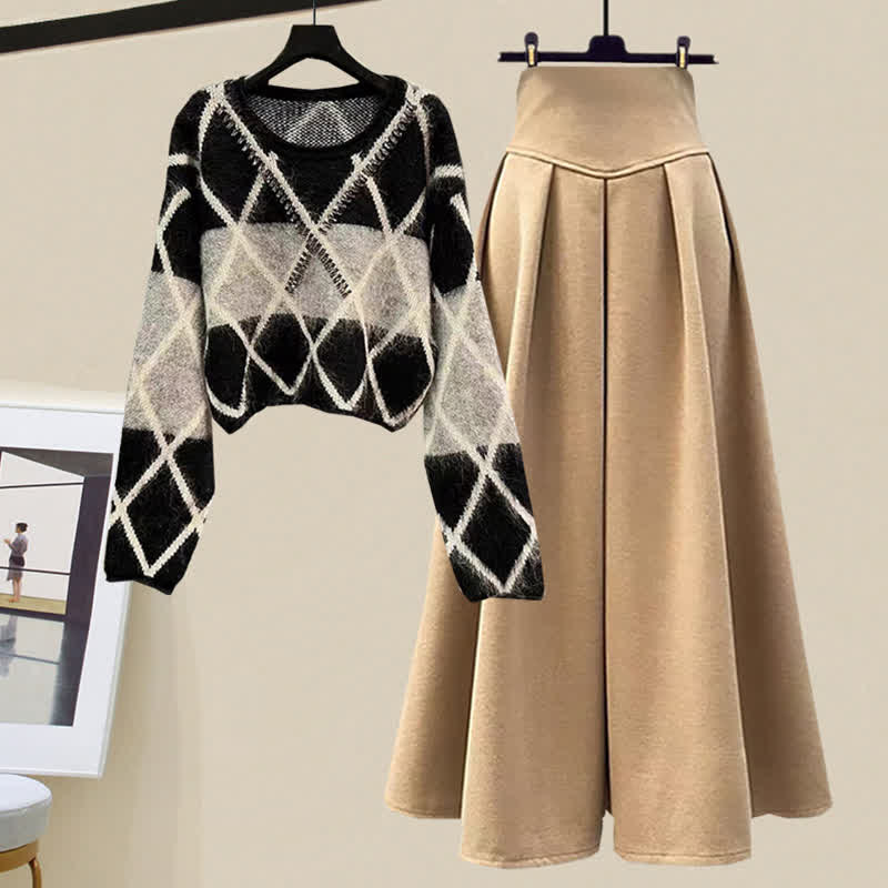Rhombus Stripe Colorblock Sweater Long Skirt