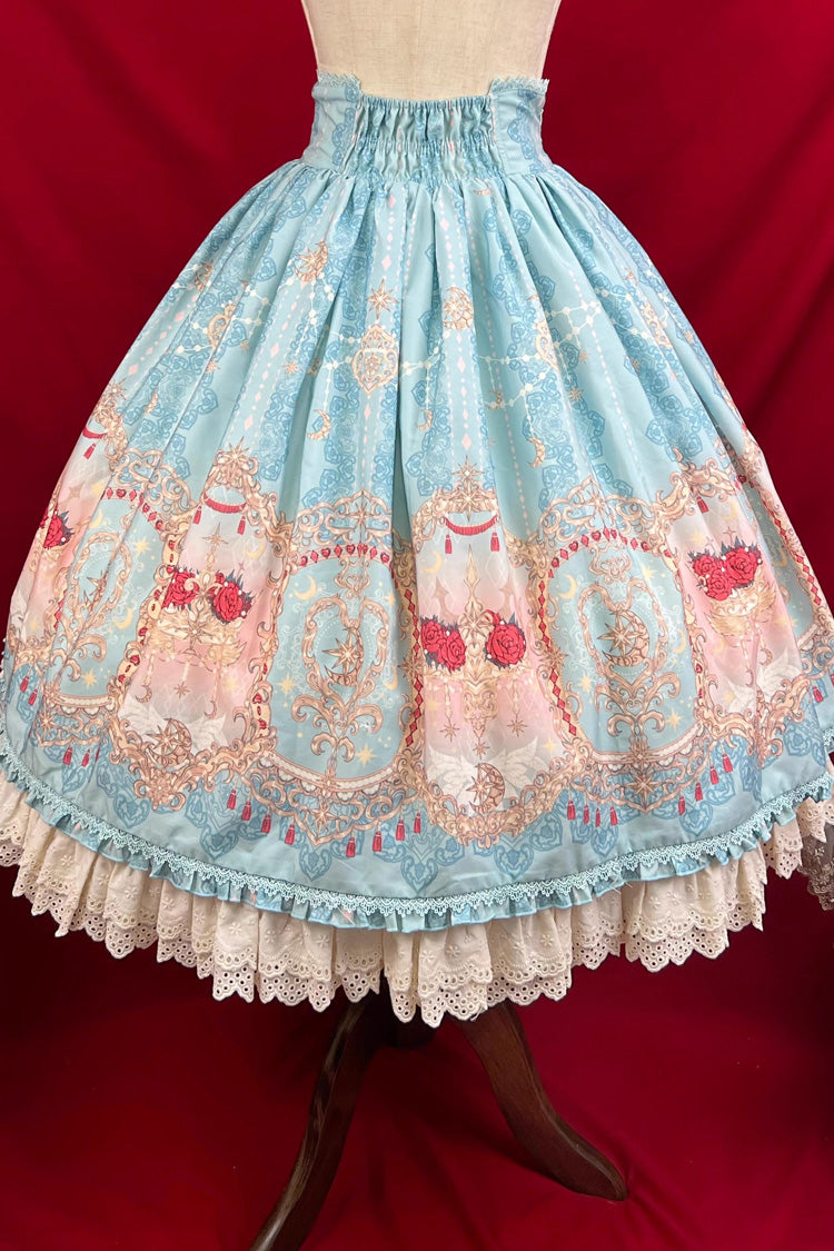Blue Moonlit Garden Print Ruffle Lace Sweet Palace Lolita Skirt