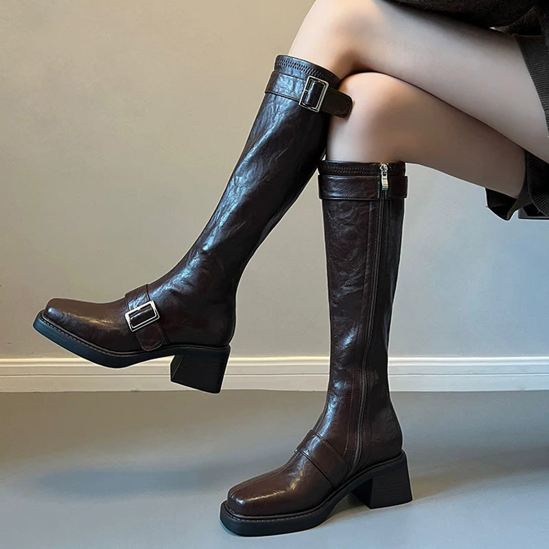 Classic Buckled Lolita Knee-High Boots - Black and Brown