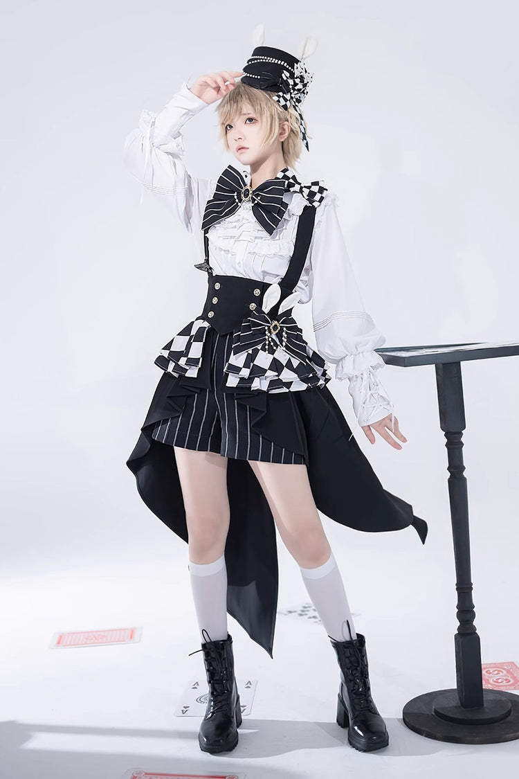 Monochrome Checkerboard Ouji Lolita Waist Bow with Rabbit Motif