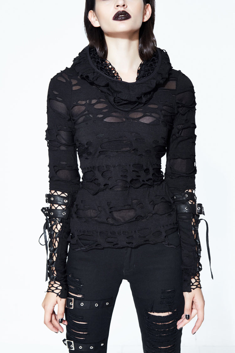 Women's Punk Shirt with Hooded Ripped Finger Covered Splice Mesh Leather Loop Lace Up