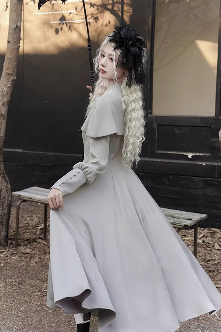 Gothic Elegant Lolita Dress with Slim Fit, Long Sleeves, Grey Thirteenth Evening