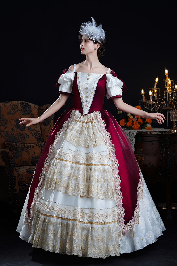 Crimson Apricot Off-Shoulder Short Sleeve Ruffled Cardigan Bow Lace Classic Victorian Lolita Dress