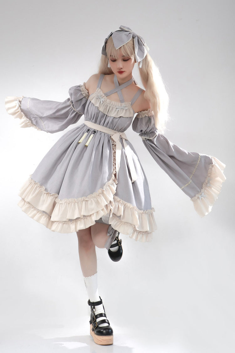 Sweet Lolita JSK Dress with Asymmetric Ruffle, High Waist, Grey Monet Estate