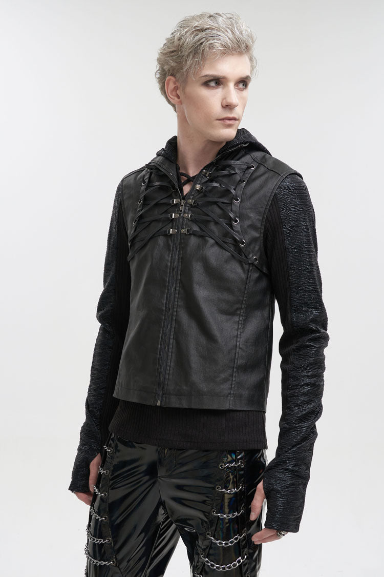 Men's Punk Vest in Black with Front & Rear String, Stretch Cotton & Stand Collar