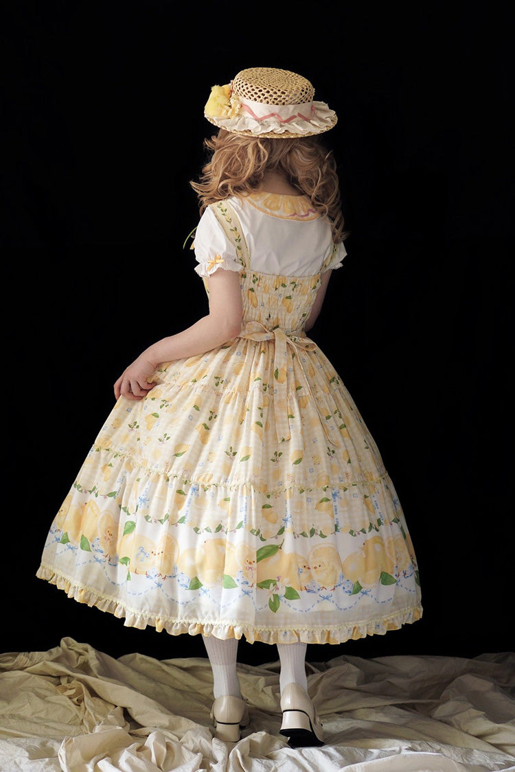 Sunshine Printed Ruffle Bow Lace Sweet Long Jumper - Lemon Chicken