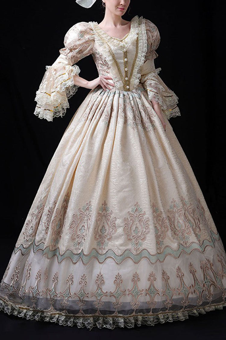 Champagne Lace Victorian Gown with Embroidered Floral Pattern - Altfashion Shop