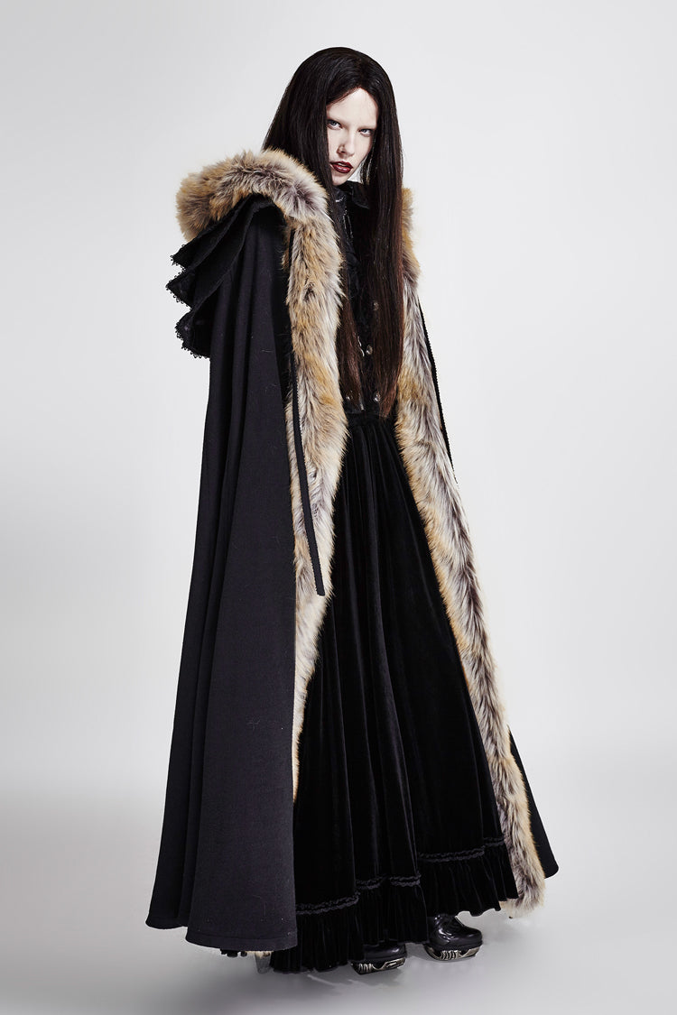 Women's Gothic Coat Cloak with Hooded Fur Collar Wool Long Design